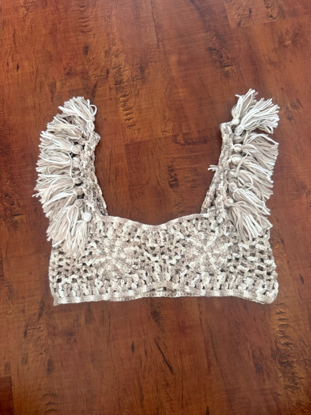 Misguided Crocheted Fringe Crop Top in Beige